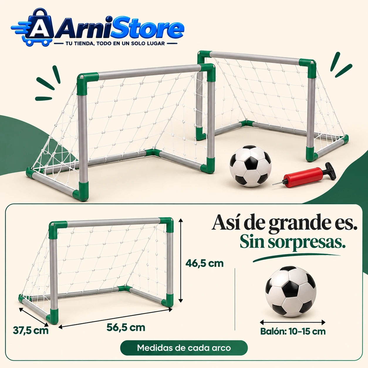 Medidas de cada mini arco: ancho 56,5 cm, alto 46,5 cm, fondo 37,5 cm; balón 10–15 cm.