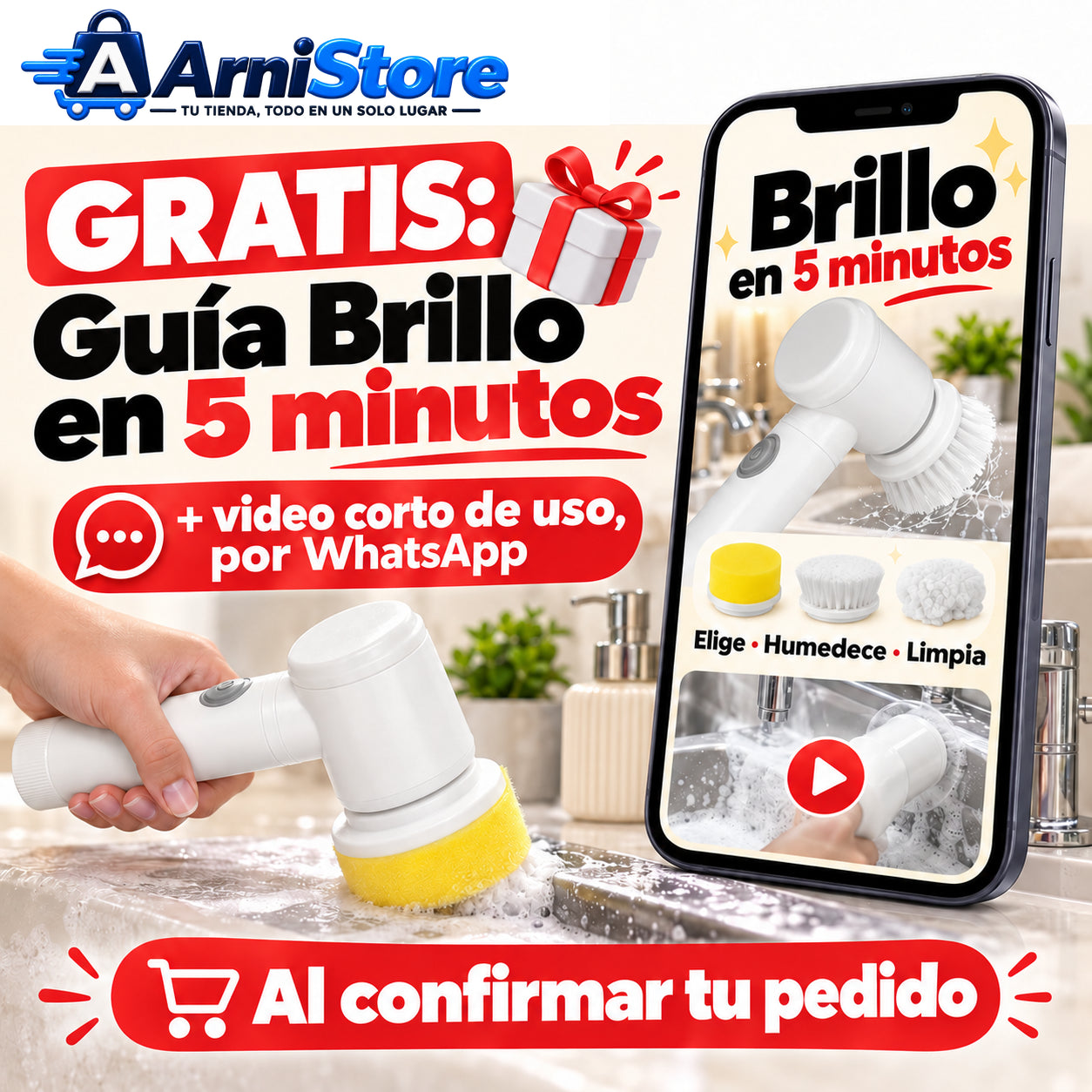 Bonus gratis: guía Brillo en 5 minutos en español y video corto de uso por WhatsApp al confirmar el pedido.