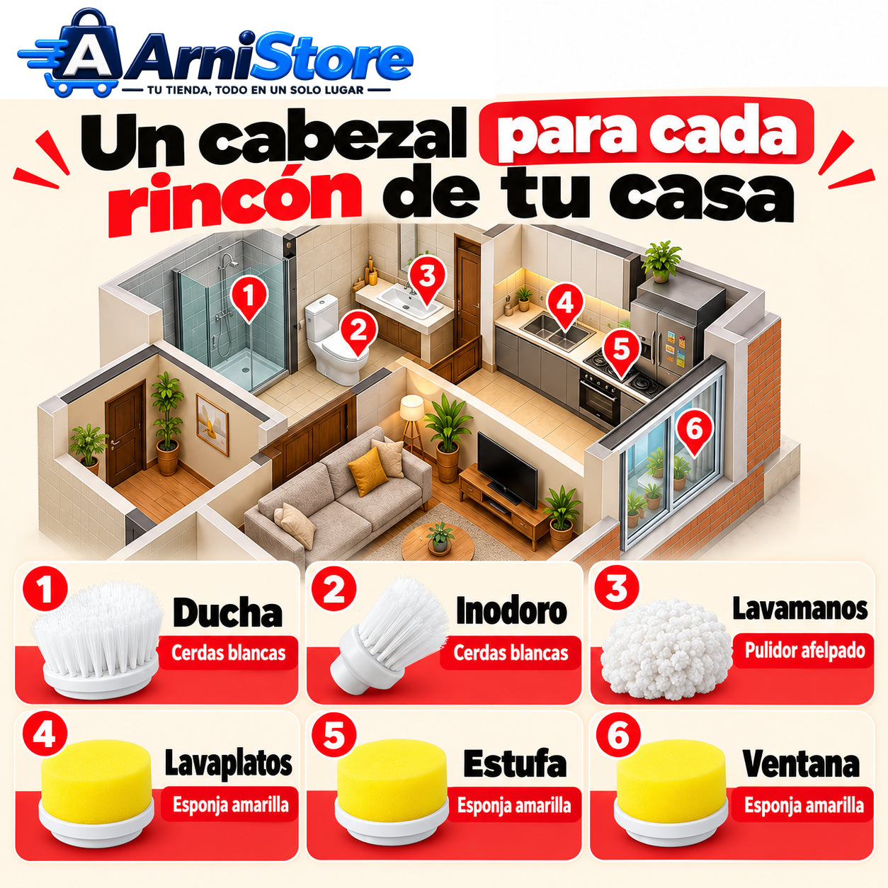 Apartamento en vista isométrica con ducha e inodoro: cerdas blancas; grifería del lavamanos: pulidor afelpado; lavaplatos, estufa y ventana: esponja amarilla.