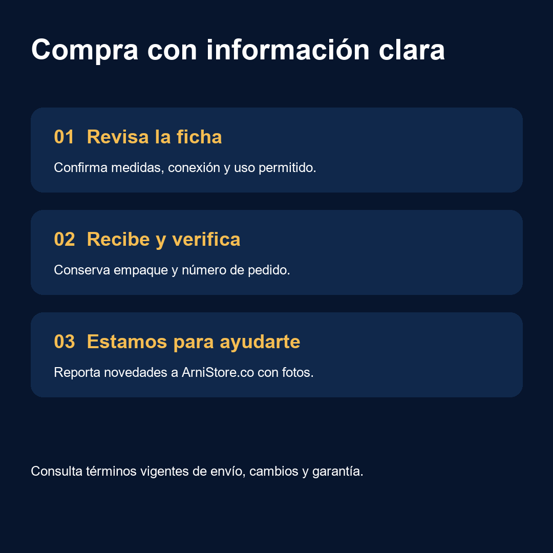 Tres pasos: revisar la ficha, verificar el pedido y contactar a ArniStore.co si hay novedades