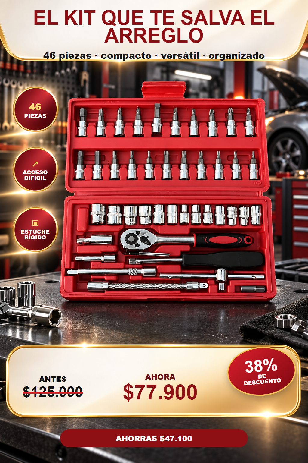 Oferta del kit: antes 125 mil pesos, ahora 77.900 pesos, 38 por ciento de descuento