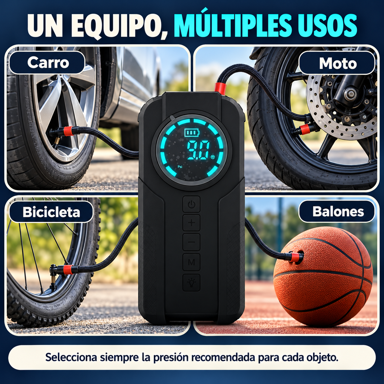 Usos de inflado para carro moto bicicleta y balones