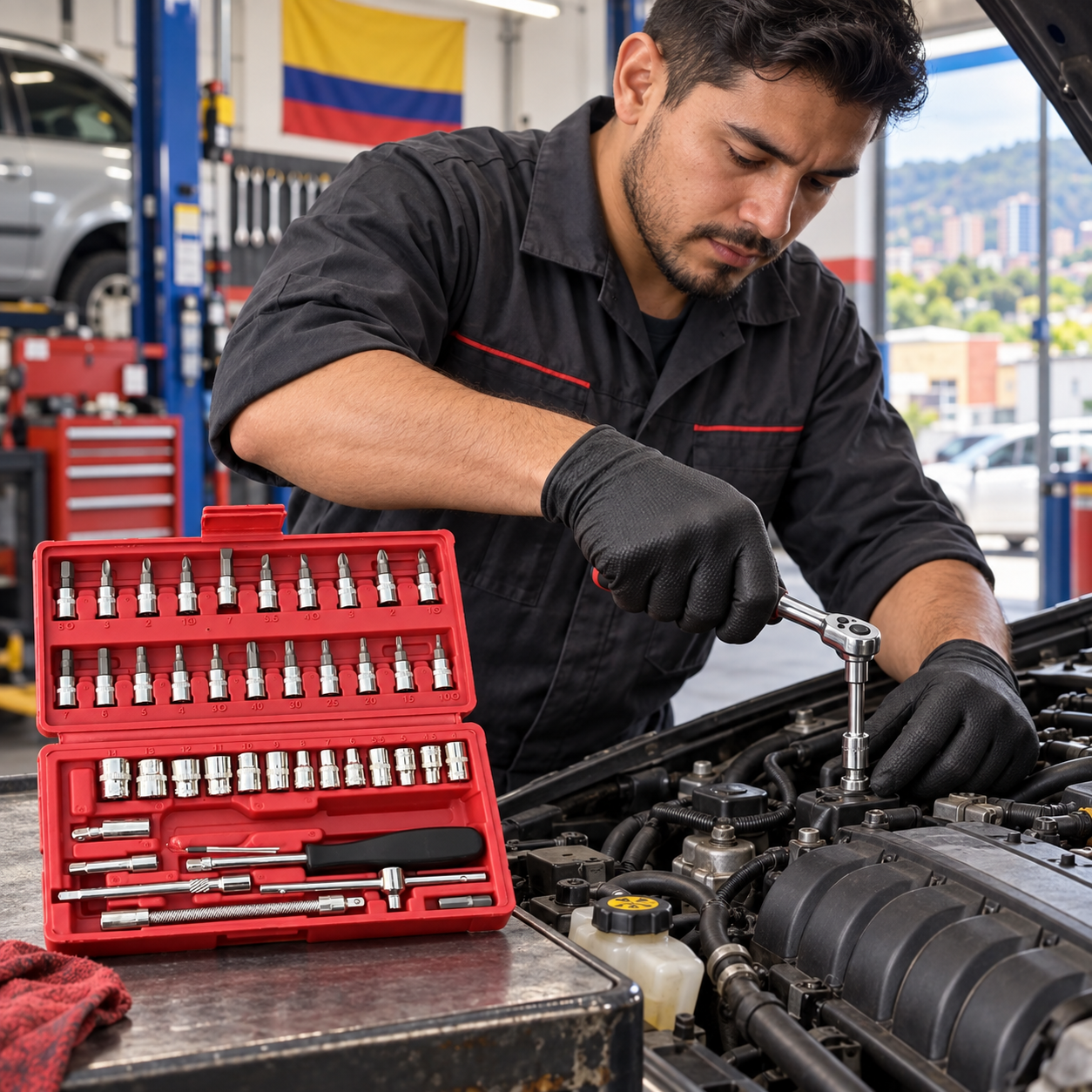 Mecánico usando el kit en un automóvil