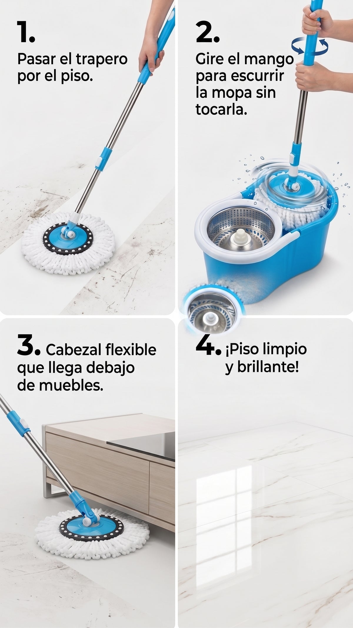 Trapero 360 Mágico Grande: Limpia Fácil Sin Agacharte + 2 Mopas de Regalo