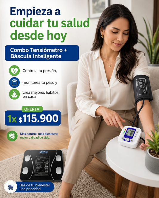 COMBO TENSIOMETRO + BASCULA INTELIGENTE - Tu bienestar empieza con una decisión inteligente.