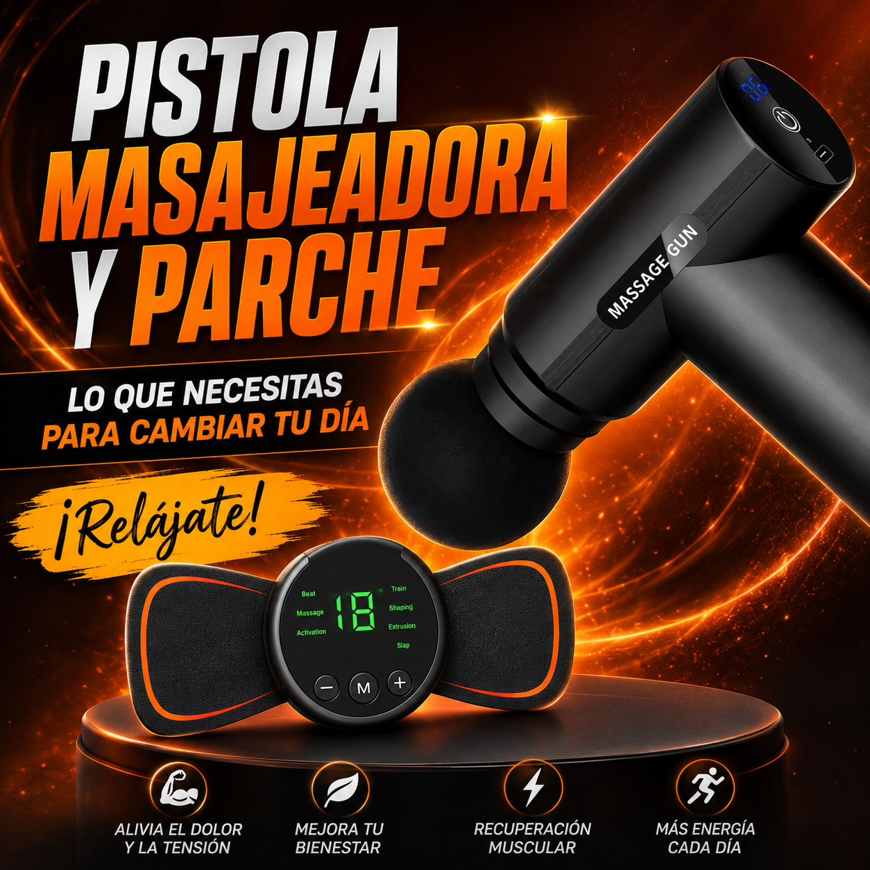 Combo RelaxPro 2 en 1: Pistola Masajeadora + Parche EMS para Relajarte en Casa