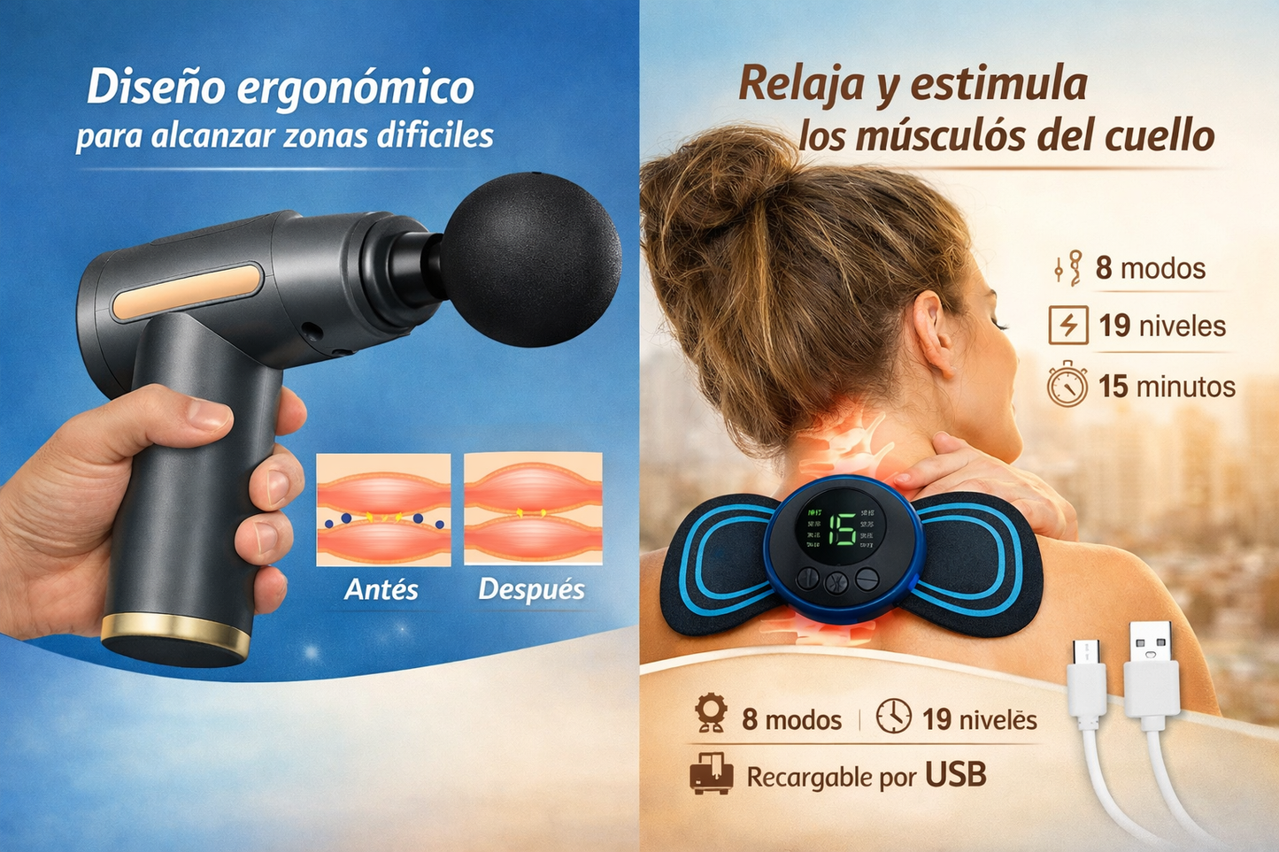 Combo RelaxPro 2 en 1: Pistola Masajeadora + Parche EMS para Relajarte en Casa