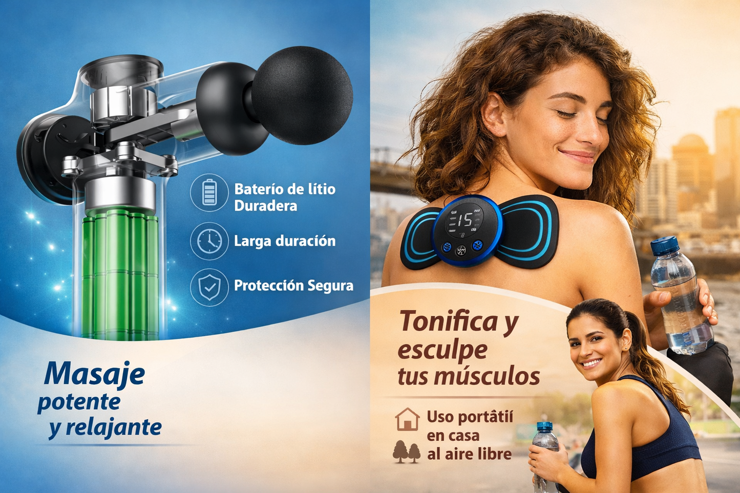 Combo RelaxPro 2 en 1: Pistola Masajeadora + Parche EMS para Relajarte en Casa