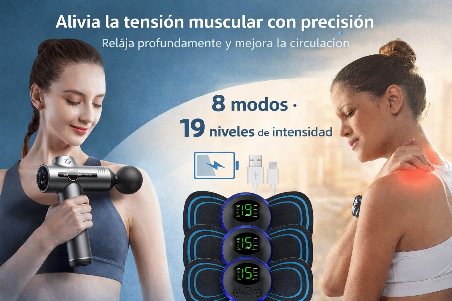 Combo RelaxPro 2 en 1: Pistola Masajeadora + Parche EMS para Relajarte en Casa
