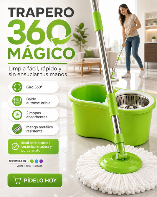 Trapero 360 Mágico Grande: Limpia Fácil Sin Agacharte + 2 Mopas de Regalo