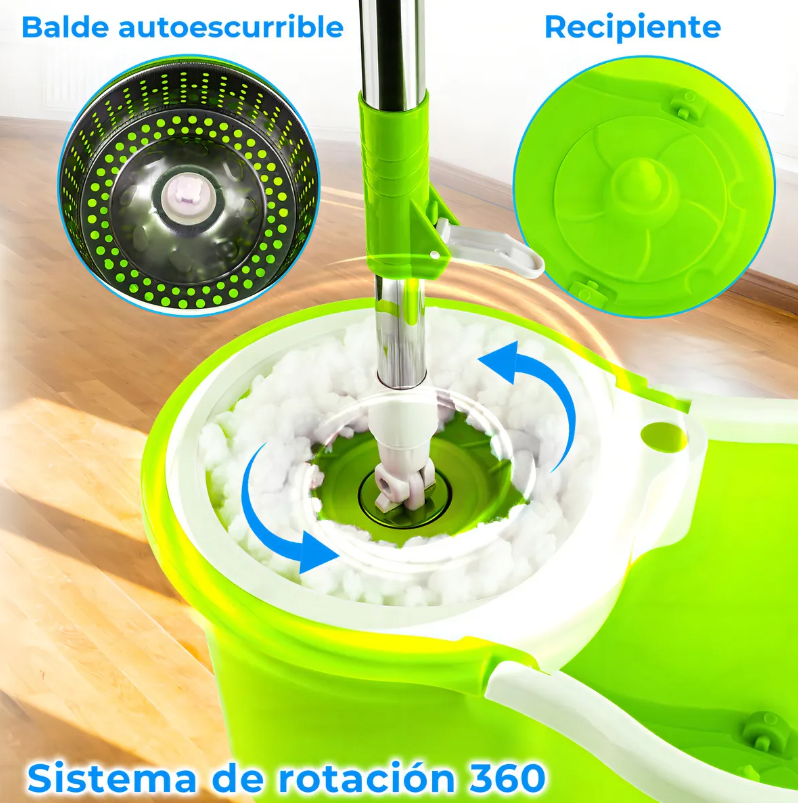 Trapero 360 Mágico Grande: Limpia Fácil Sin Agacharte + 2 Mopas de Regalo