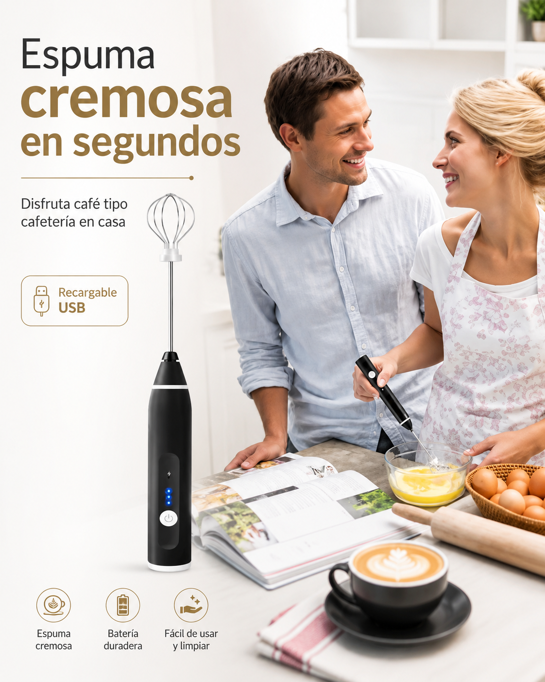 Espumador de Leche Eléctrico Recargable - La Mejor Forma De Preparar tu Cafe Cremoso
