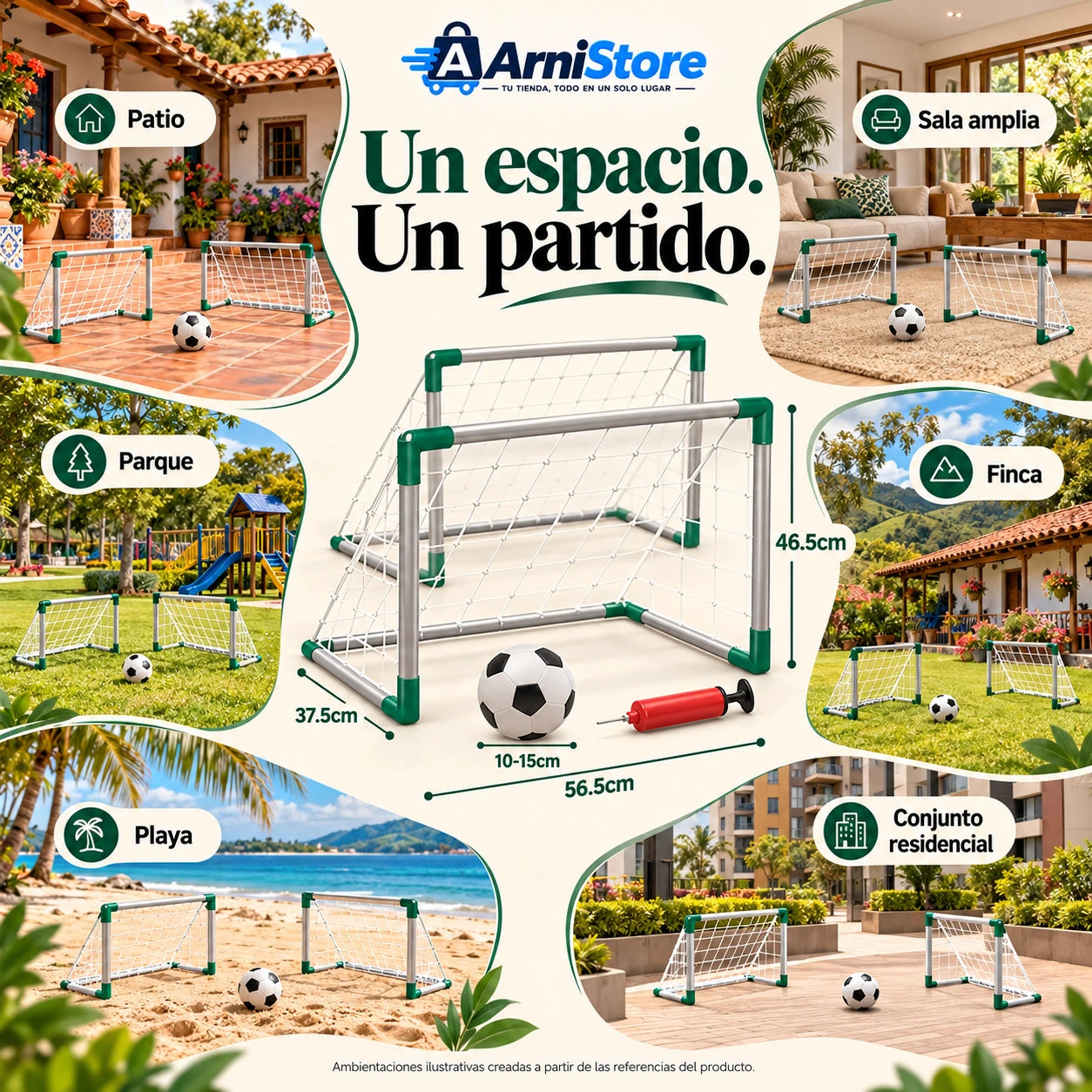Mapa ilustrado: patio, sala amplia, parque, finca, playa y conjunto residencial.