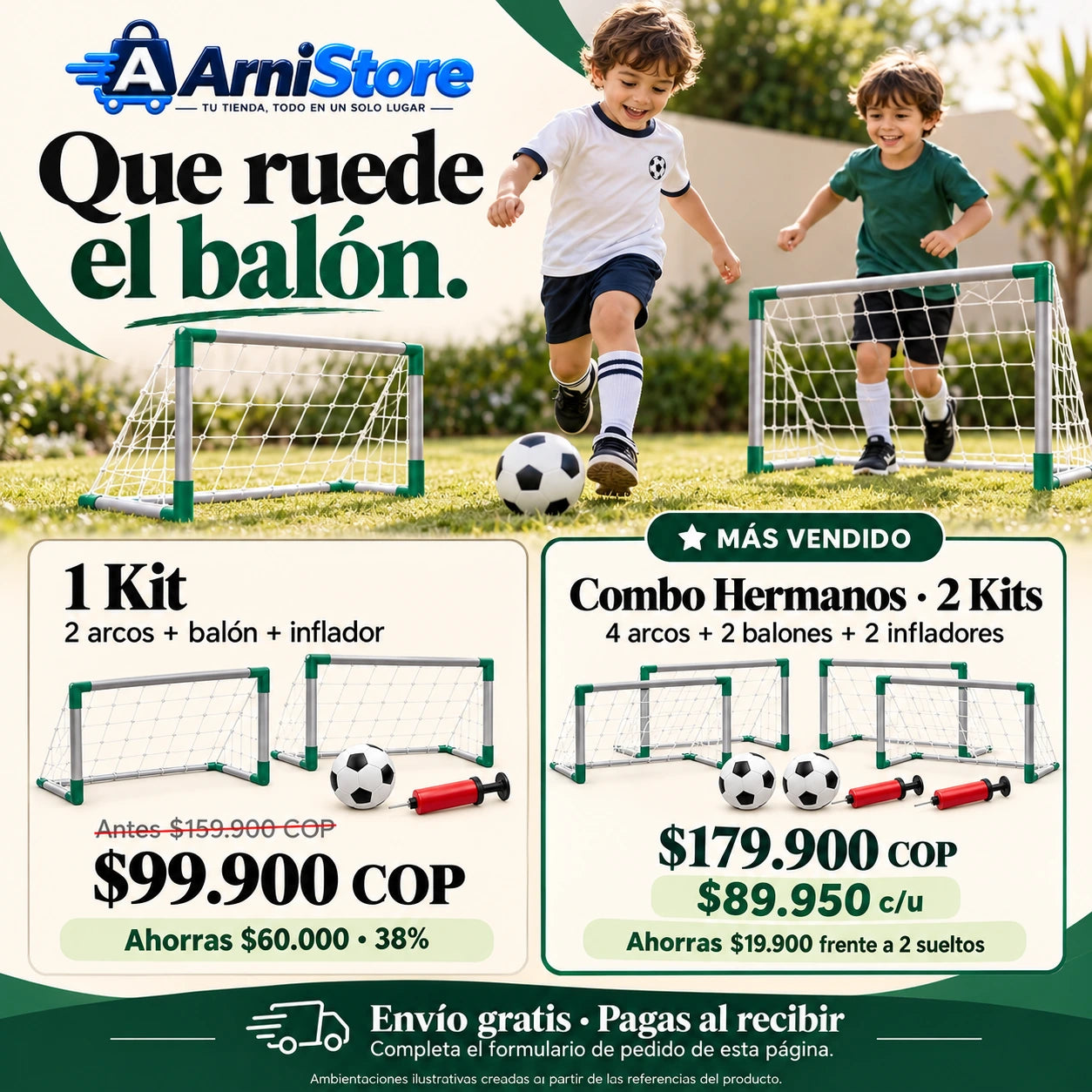 1 kit: antes $159.900, hoy $99.900 COP. Combo Hermanos: 2 kits por $179.900 COP.