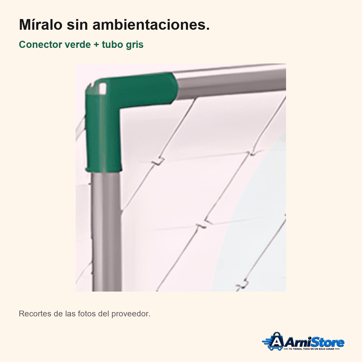 Secuencia de recortes reales: conectores verdes, tubos grises, malla, balón, inflador y caja.