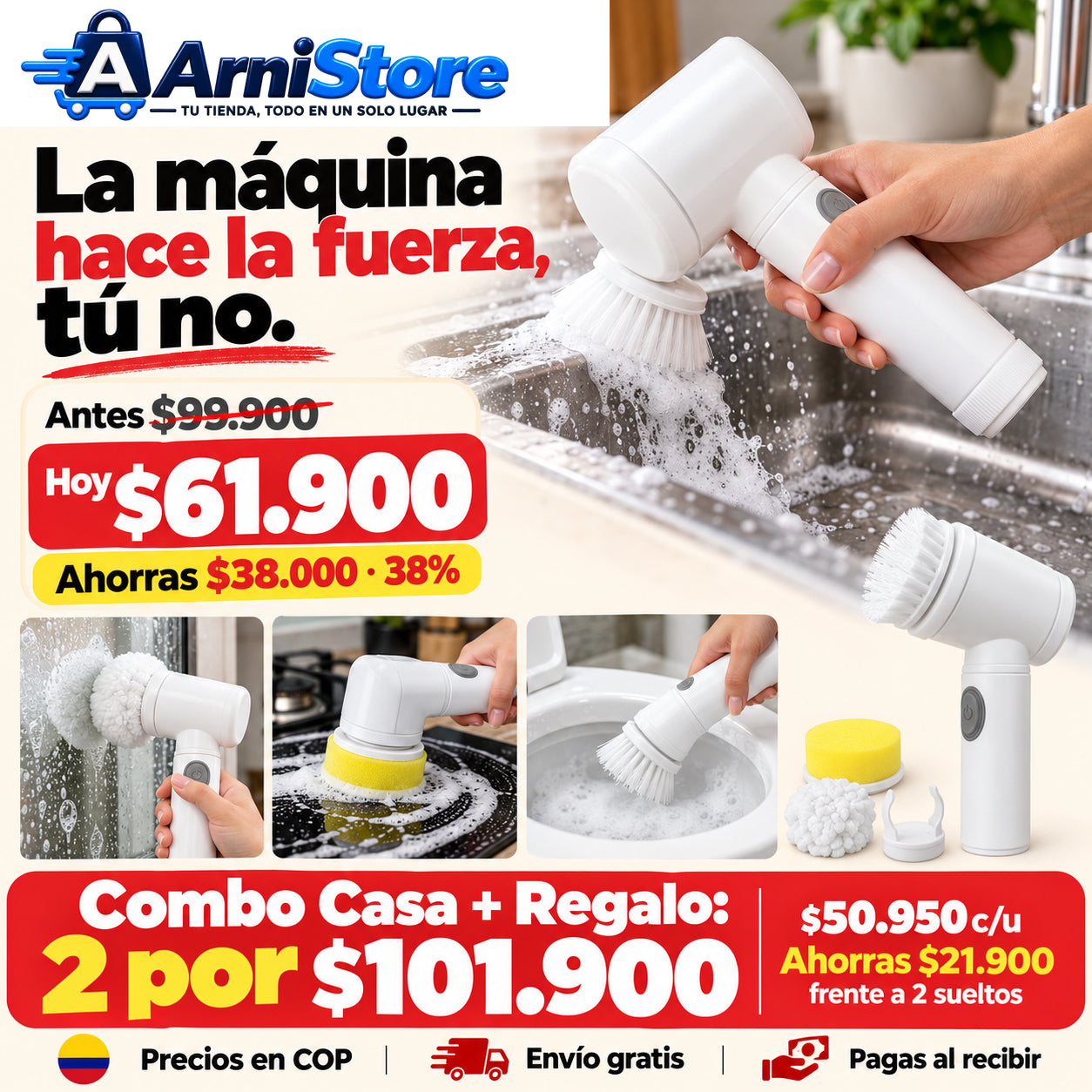 Antes $99.900 COP. Hoy $61.900 COP. Ahorras $38.000, 38%. Combo de 2 por $101.900 COP; $50.950 cada uno, ahorras $21.900 frente a dos sueltos.