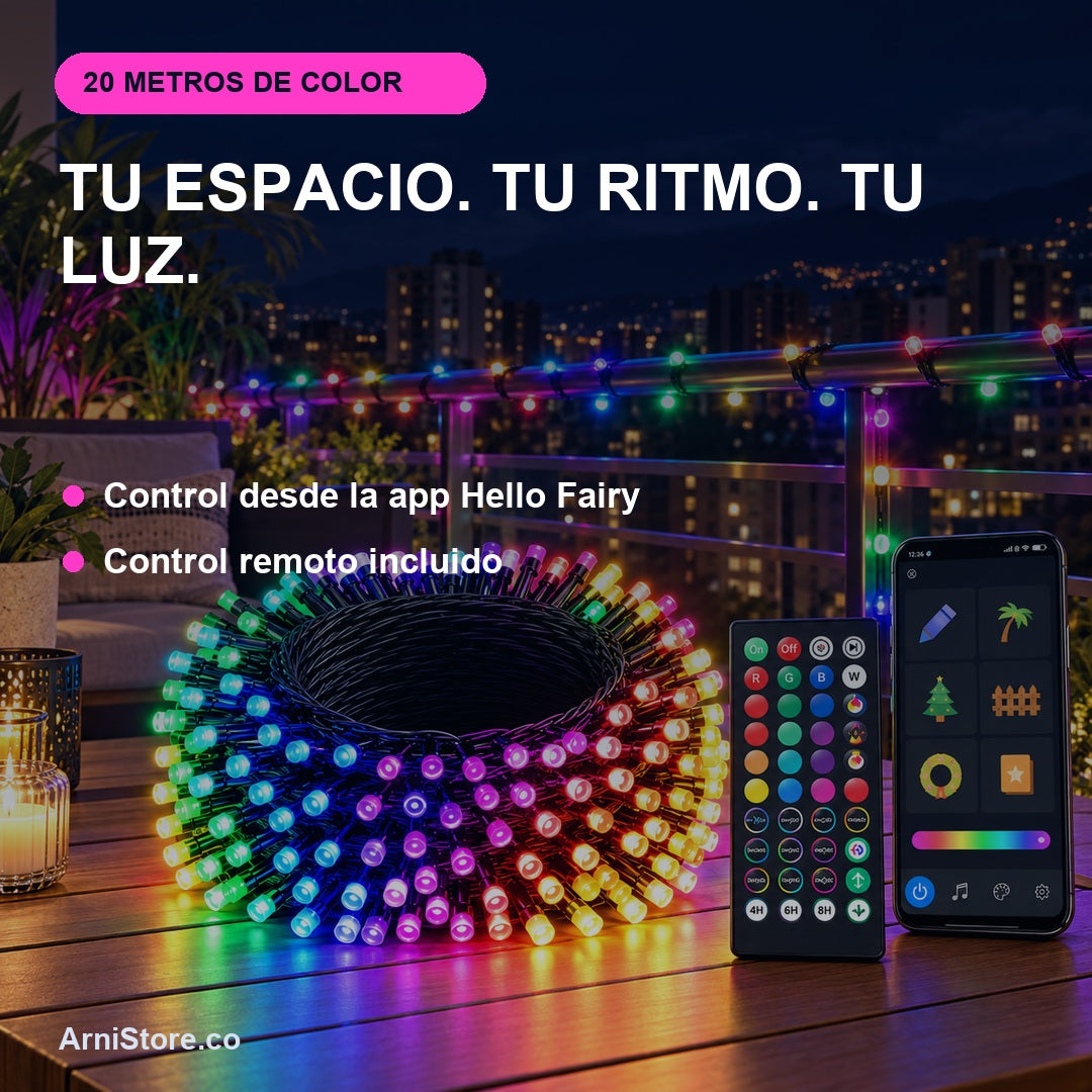 Guirnalda inteligente RGB de 20 metros con aplicación y control remoto