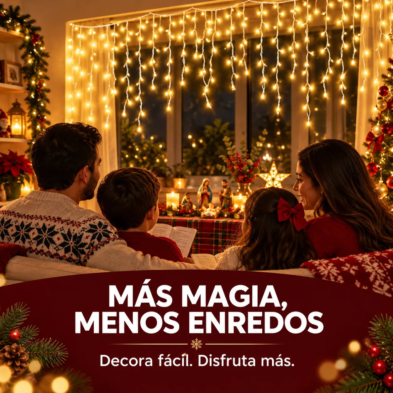 Familia disfrutando las luces cascada en Navidad