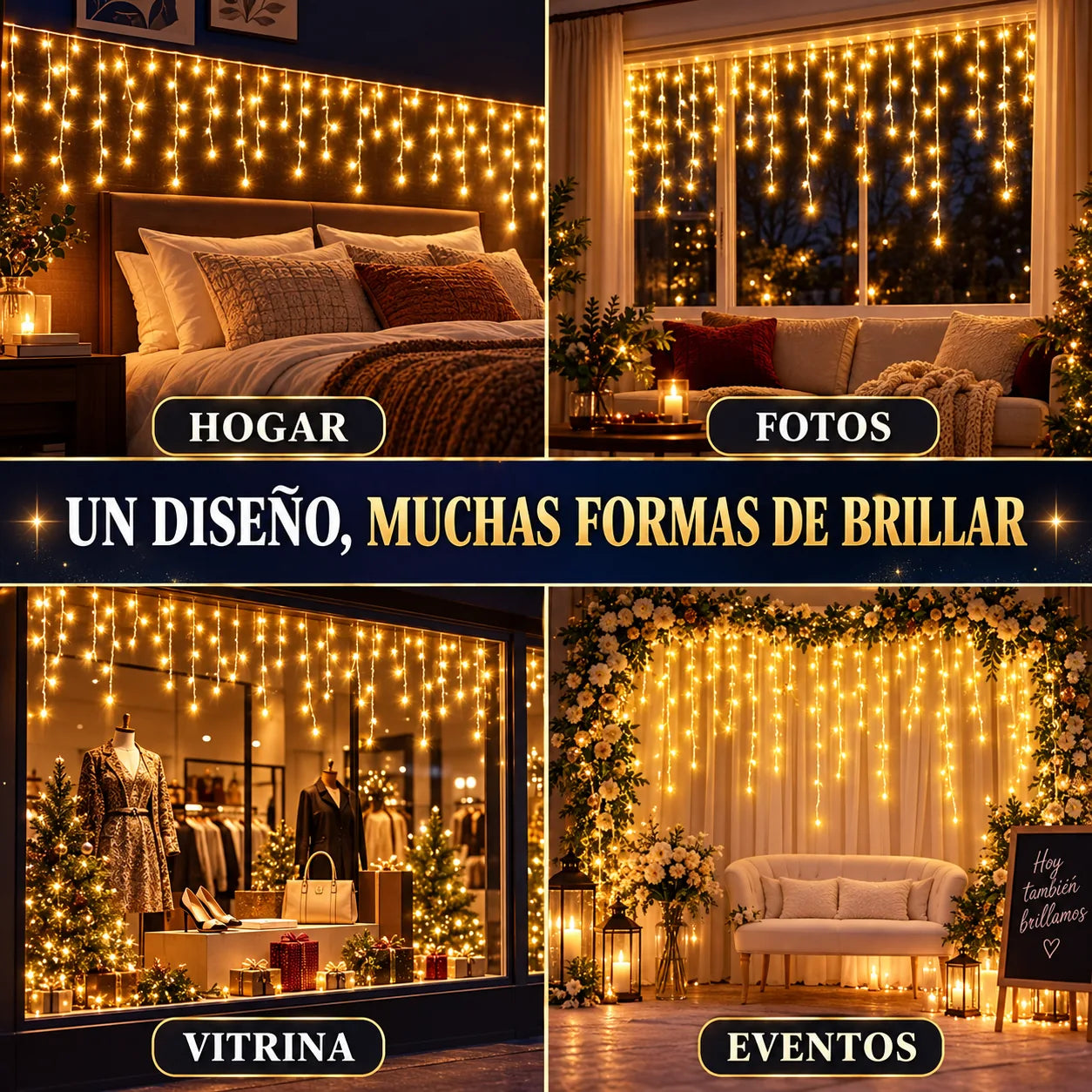 Usos de las luces cascada en hogar, vitrina, eventos y fotos