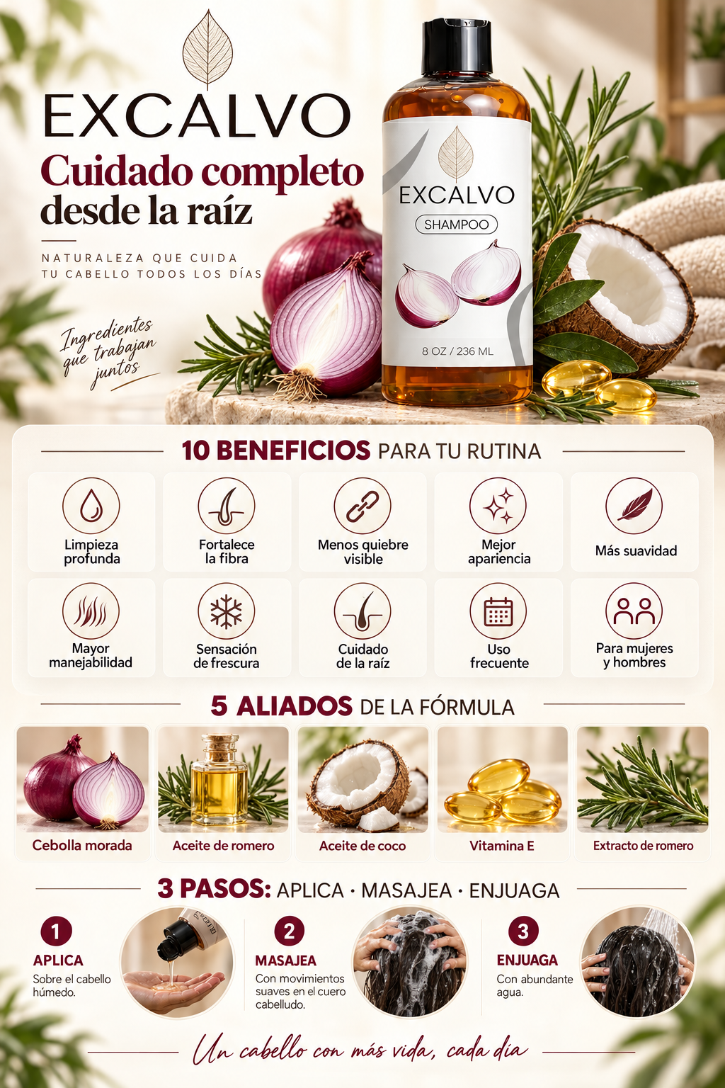 Infografía de beneficios, ingredientes y modo de uso de ExCalvo