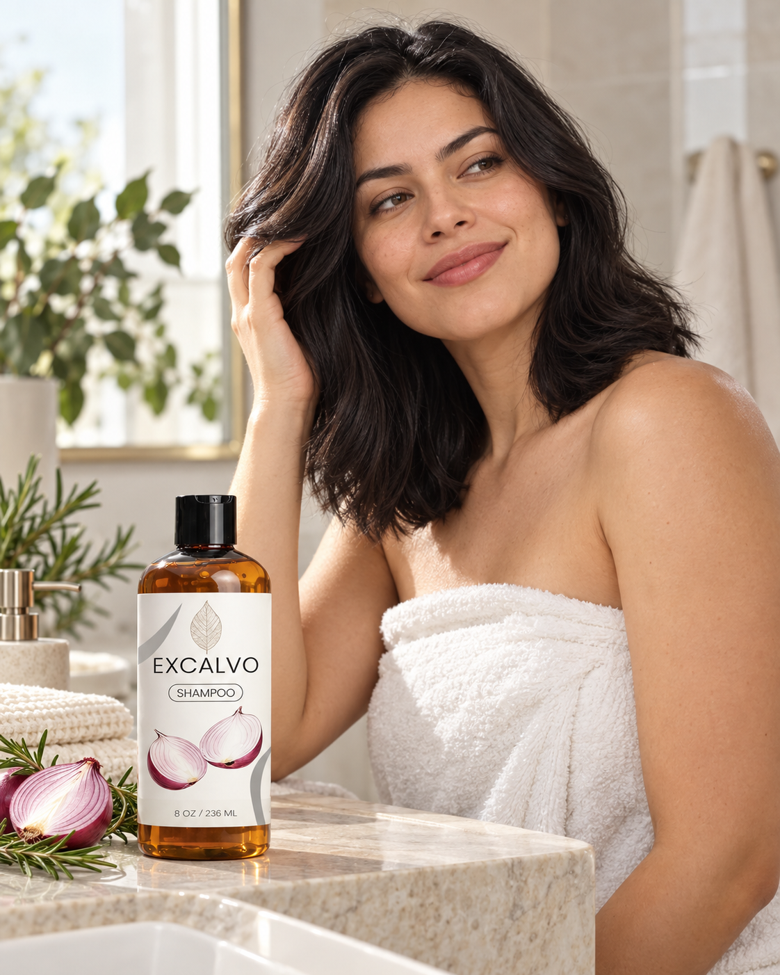 Mujer con cabello de apariencia saludable junto a ExCalvo