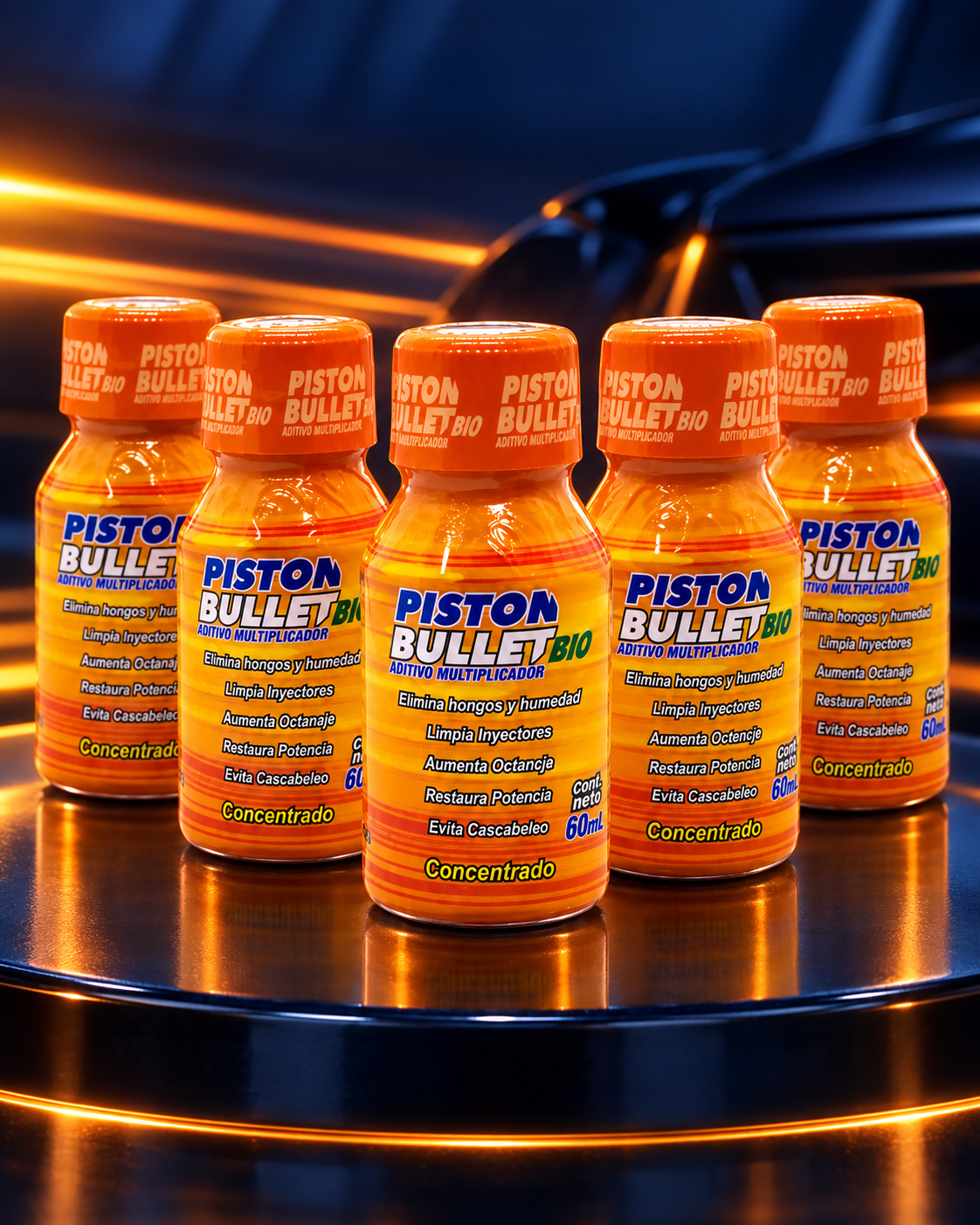 Pack de cinco botellas Piston Bullet Bio en estudio automotriz