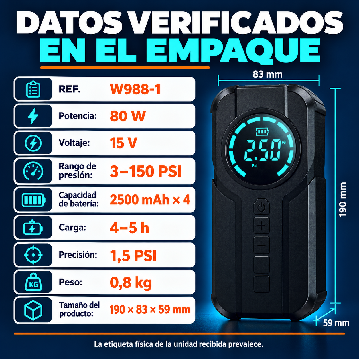 Especificaciones verificadas en el empaque W988-1